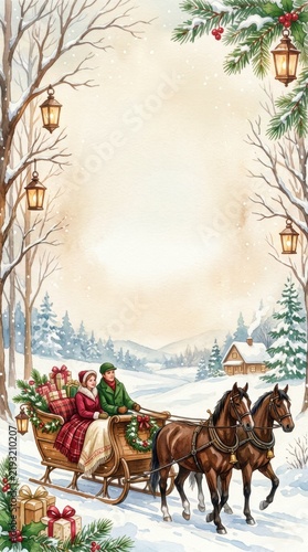 Vintage Watercolor Horse Drawn Sleigh Christmas Frame Background