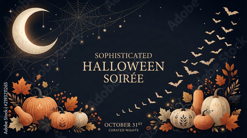 Elegant Halloween party invitation card design with pumpkins and crescent moon.