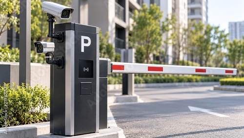 Parking barrier gate with surveillance cameras at controlled entrance, representing parking security, vehicle access control and automated monitoring.