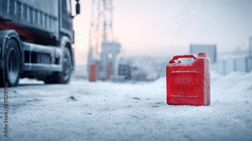 bright red diesel fuel canister standing outdoors beside a snow covered truck, frozen industrial fuel station in the background, cold blue winter