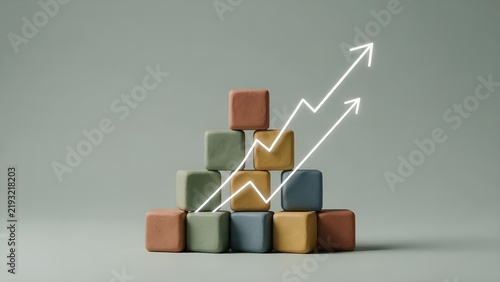 Stacked multicolored clay cubes forming a pyramid shape with glowing white lines indicating positive financial growth trends on a plain matte light grey background surface