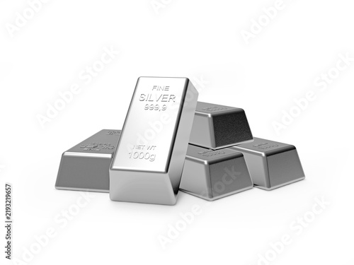 Close view of several fine silver bullion bars arranged in a small stack on a white background, showing polished metallic surfaces and investment wealth concept as a 3D render