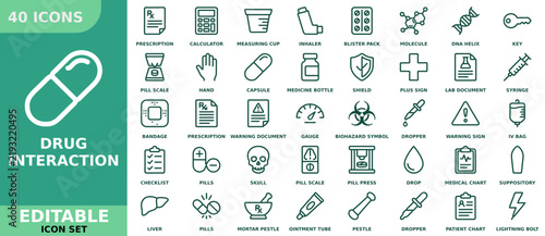 Drug interaction icon set vector pharmacy medicine symbols collection