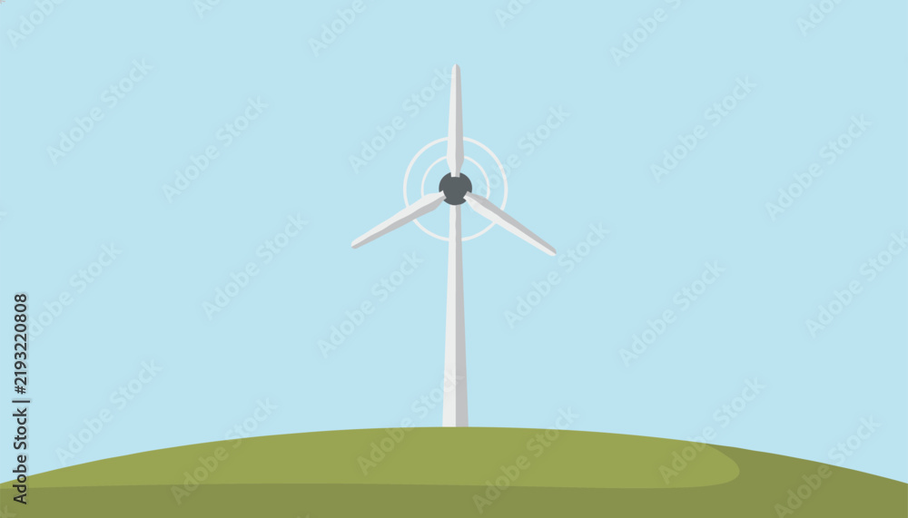 Fototapeta premium Clean vector illustration of a three-bladed wind turbine standing on a green grassy hill under a light blue sky.