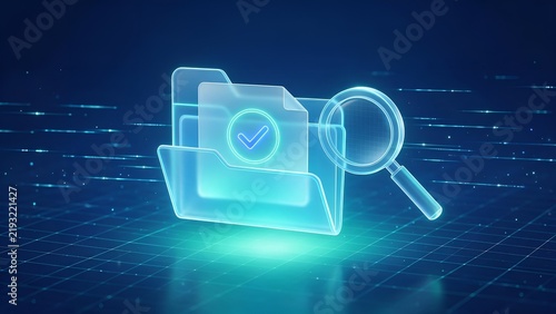 Transparent glass folder icon featuring a glowing checkmark symbol and magnifying glass representing digital data verification within a modern abstract blue grid background network environment