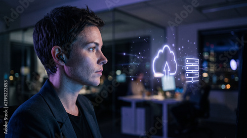 Cloud Computing Concept with Professional Face Profile in Screen Glow and Digital Server Icons