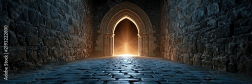 Ancient stone corridor leading to a bright, glowing archway