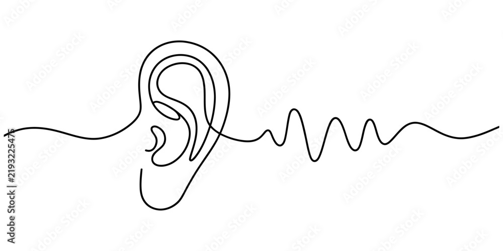 Obraz premium Human ear and sound wave in a continuous single line drawing
