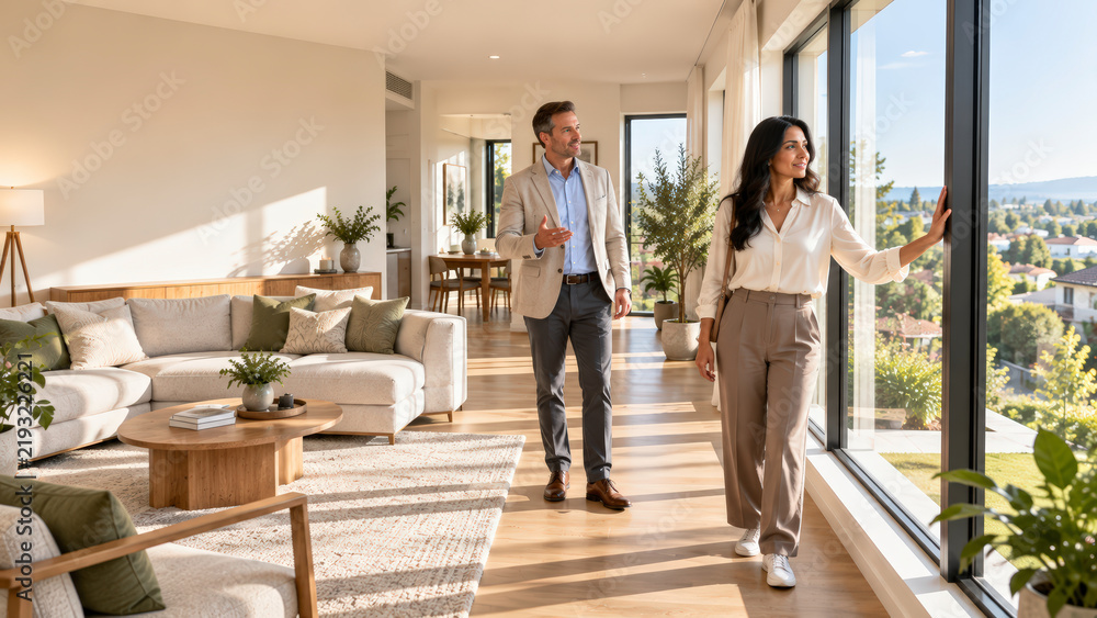 Obraz premium Real estate couple touring a bright luxury apartment featuring contemporary furnishings, floor-to-ceiling windows, city views, and spacious open living areas.