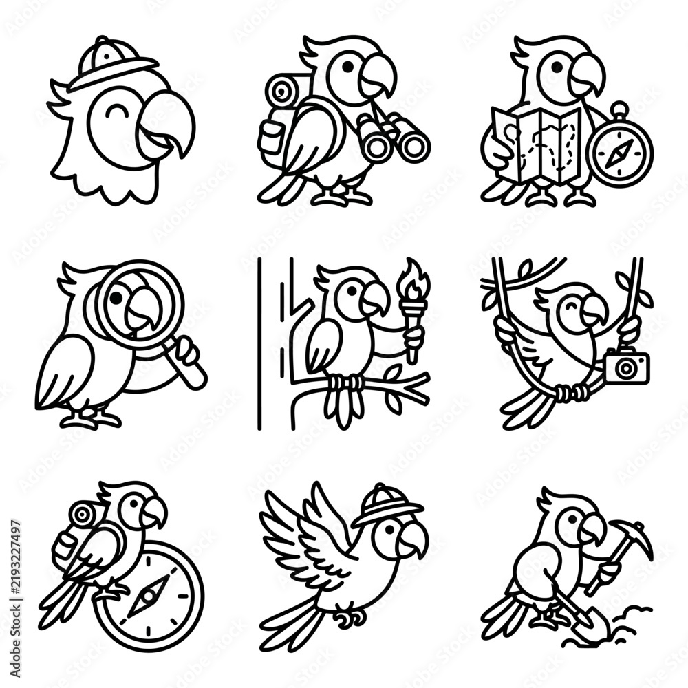 Obraz premium Cute Parrot Explorer Cartoon Icons Set