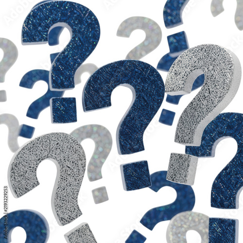 Numerous textured question marks in blue and silver scattered against a bright background