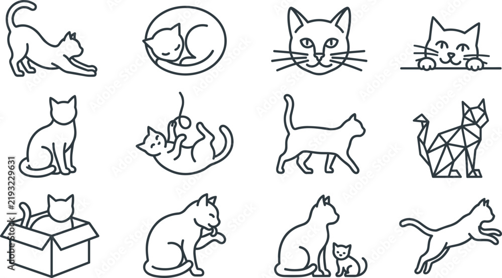 Fototapeta premium Domestic Cat Line Vector Icon Set with Stretching Sleeping Playing Geometric Face Box and Walking Kitten Symbols for Veterinary Clinics and Pet Care Branding