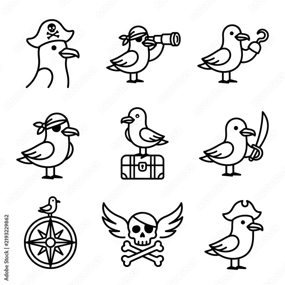 Fototapeta premium Cute Pirate Seagulls Collection: Icons and Illustrations