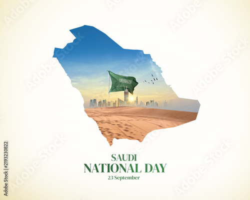 Saudi Arabia National Day concept background. Saudi Arabia map with national flag.
