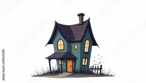 A whimsical haunted house illustration with glowing orange windows and spooky cartoon architecture isolated on white