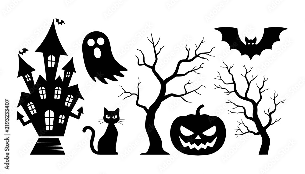 Fototapeta premium Black silhouette collection of halloween including haunted house ghost cat bat pumpkin and bare trees