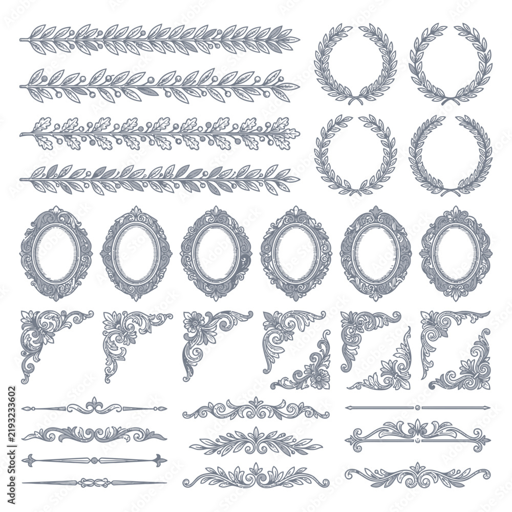 Fototapeta premium Vintage decorative elements, borders, frames, and corners set.