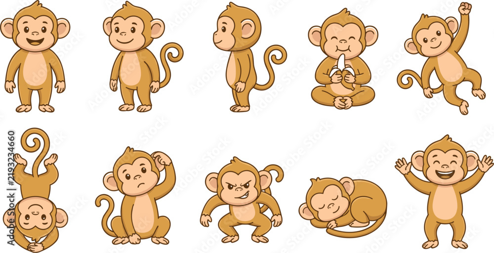 Fototapeta premium Cute Monkey Cartoon Character Set in Different Poses Eating Banana Sleeping and Hanging Flat Vector Illustration Collection