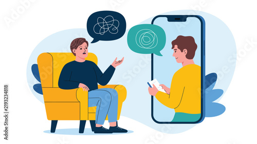 Online Mental Health Counseling and Virtual Therapy Session via Smartphone Flat Vector Illustration