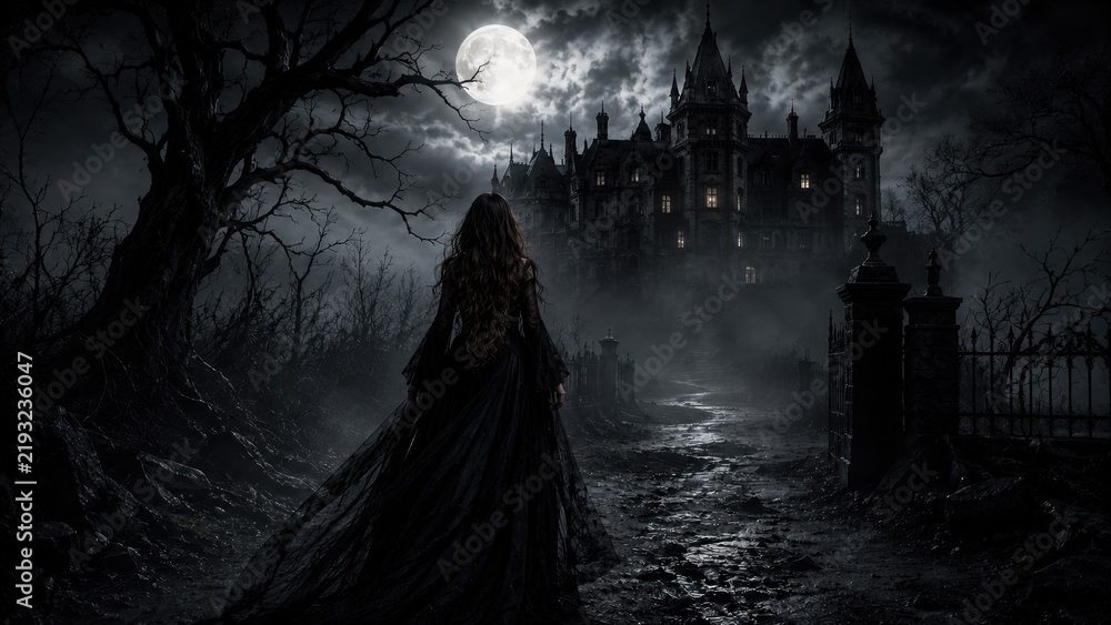 Obraz premium Gothic Woman Approaching Haunted Castle Beneath Full Moon Night