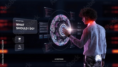 Chat with AI or Artificial Intelligence technology. Man touching chatting virtual with an intelligent artificial intelligence asks for answers he wants. Smart assistant futuristic .