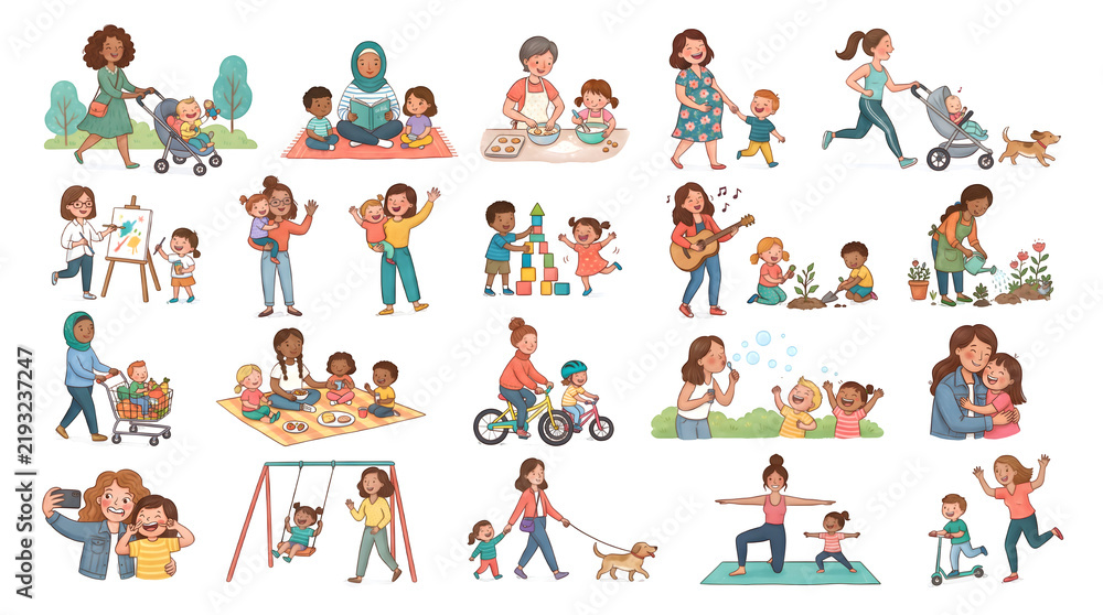Fototapeta premium Diverse children and adults engaging in playful learning activities in colorful classroom setting with copy space