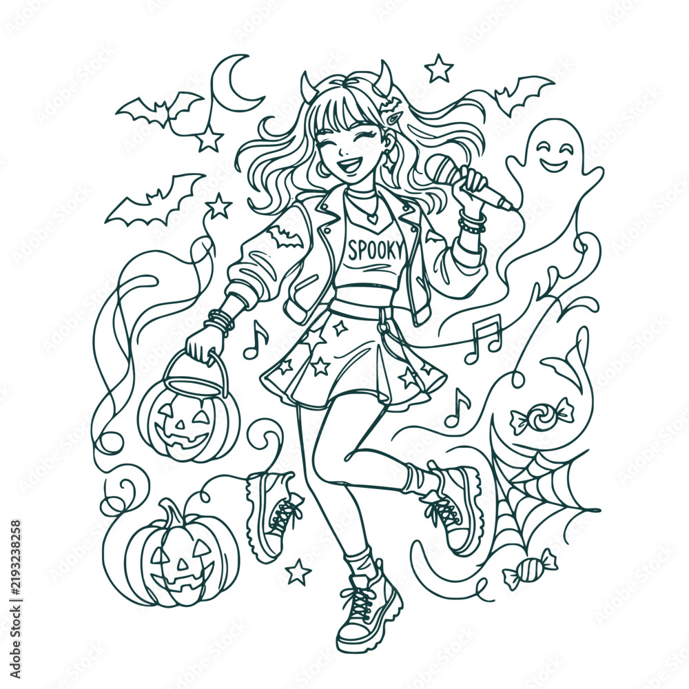 Fototapeta premium K-pop Halloween girl singing with pumpkins and ghost line art