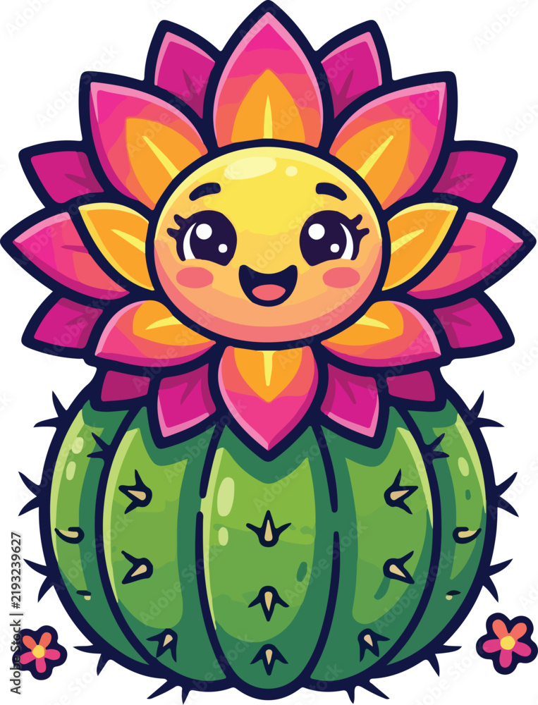 Fototapeta premium Cute cartoon cactus blooming a happy smiling flower character against a white background