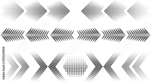Set of halftone arrow and chevron shapes, abstract design elements for graphic design, web, and ui