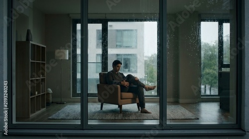 Sad man sitting alone in apartment looking through rainy window