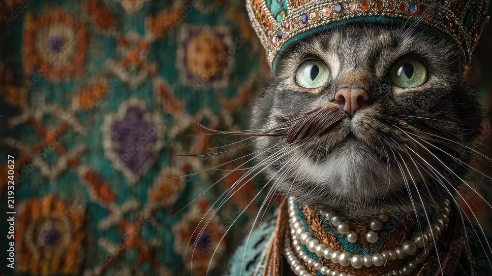 Fototapeta premium A regal tabby cat dons a jeweled crown and pearl necklace, evoking the grandeur of a feline sultan with his distinguished whiskers