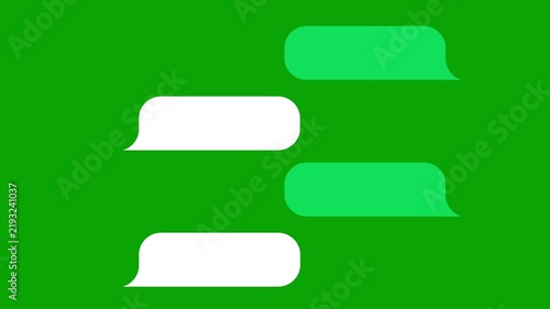 Vibrant green and white chat speech bubble conversation animating on a chroma key backdrop for mobile texting mockup, online messaging interface, digital dialogue and social app compositing.