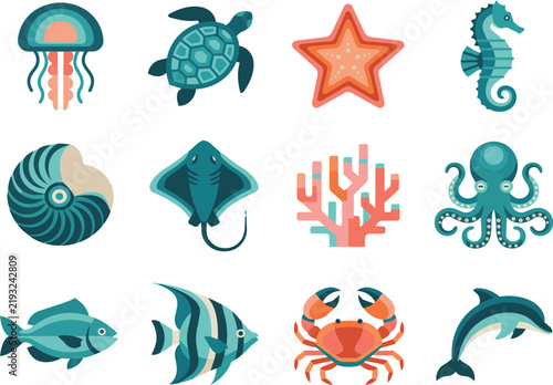 Set Of Small Sea Life Animal Vector Icons