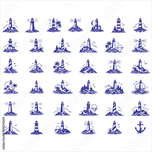 PrintLighthouse Clipart Bundle SVG, Nautical Coastal Illustration, Beach Vector Icon Set