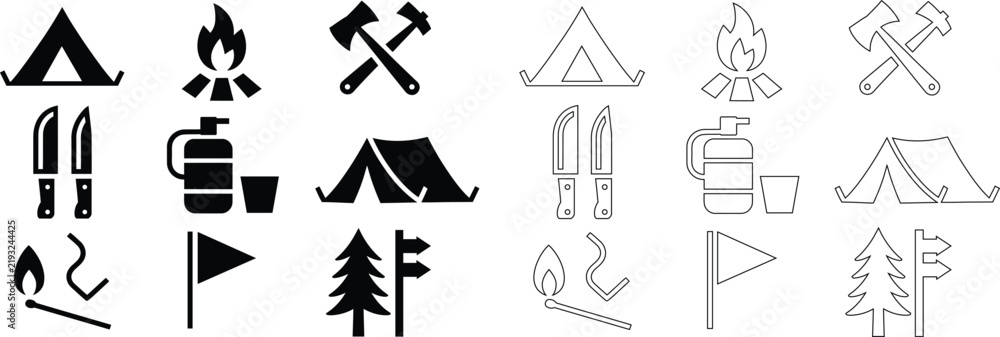 Fototapeta premium Set of camping and outdoor adventure icons in solid and line art styles for hiking and wilderness travel designs