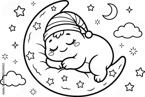 Bild auf Leinwand Cute sleeping baby on crescent moon vector coloring page for kids night theme ar