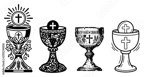 Fotografie Holy communion chalice with eucharist host and cross set in line art style