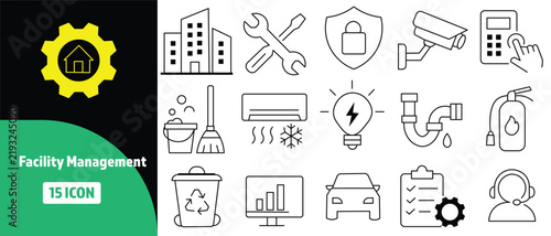 Facility Management Icon Set with Building, Maintenance, Security, Cleaning and HVAC Symbols