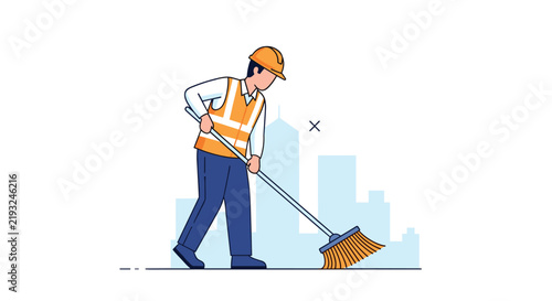 Hardworking street sweeper wearing high visibility safety vest and helmet while cleaning city pavement with a broom.