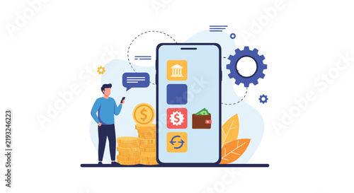 Young man standing next to giant smartphone using mobile wallet and digital banking app for financial transactions.
