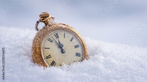 Vintage pocket watch buried in snow with Roman numerals