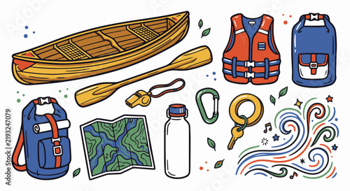 Cute Hand-Drawn River Canoe Touring and Paddling 10 Objects 5-Color Doodle Set