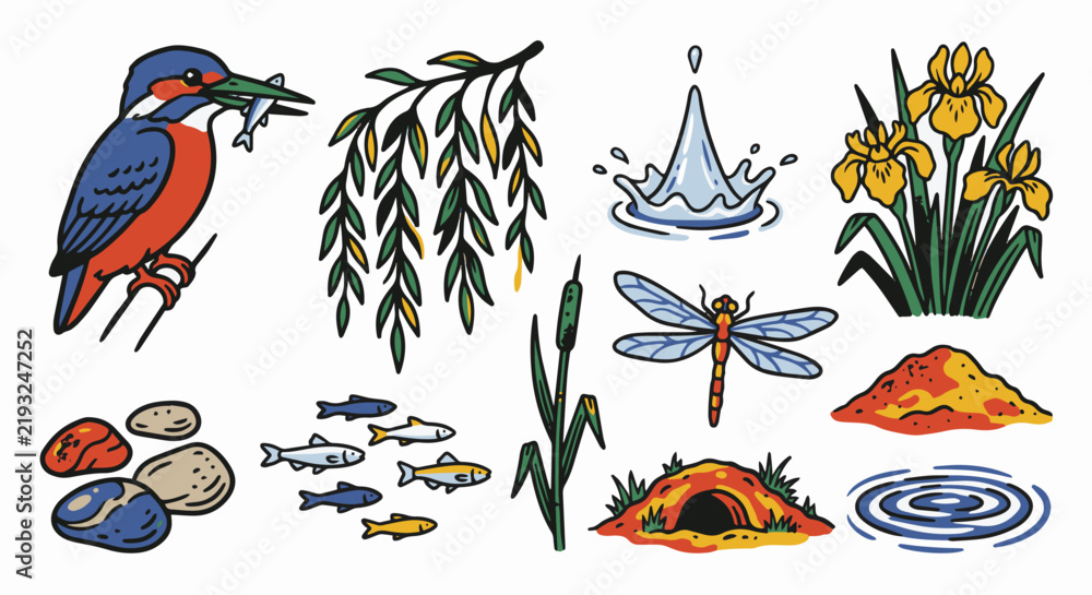 Obraz premium Cute Hand-Drawn Diving Kingfisher and Riverbank Willow 10 Objects 5-Color Doodle Set