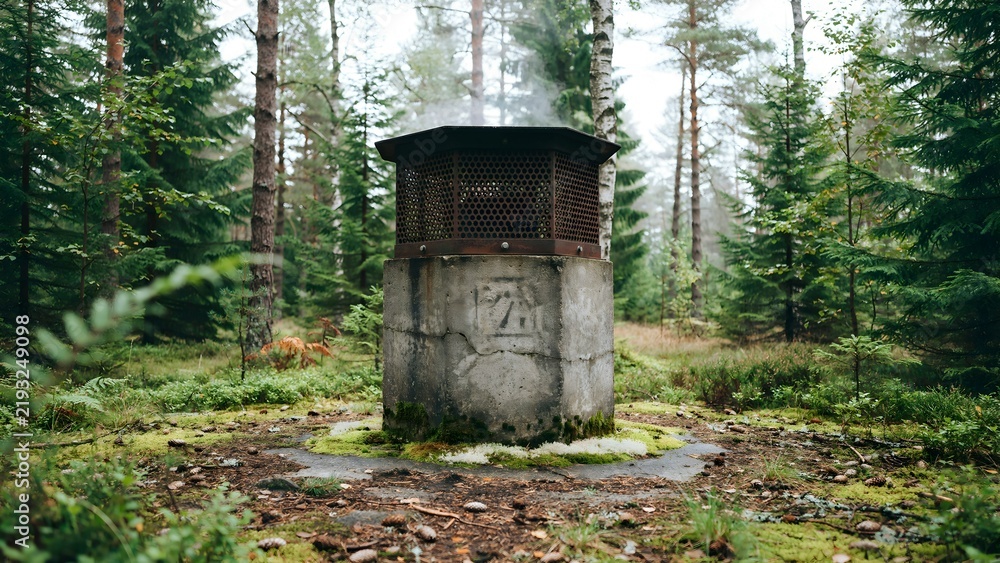 Obraz premium Old concrete water reservoir with wooden top in lush green forest setting