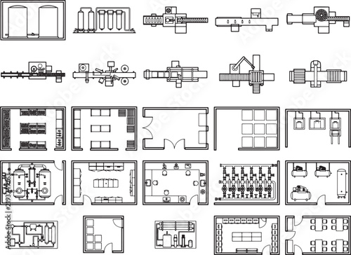 Architectural blueprint of various industrial facilities, factory layouts, and building plans, showcasing mechanical systems, office spaces, and room arrangements with precise drafting lines.