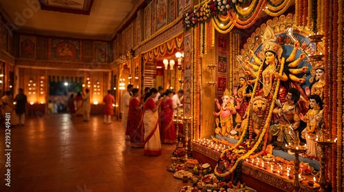 Devotees participating in durga puja rituals inside elaborately decorated temple hall with golden idols