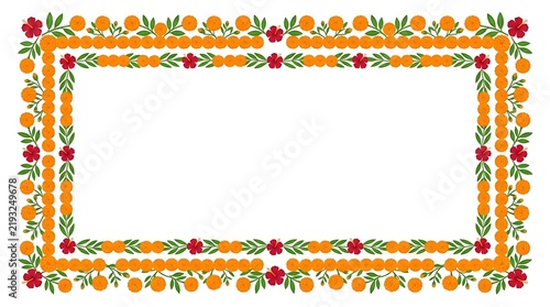Traditional durga puja border design featuring vibrant autumnal floral and leaf motifs with empty center space