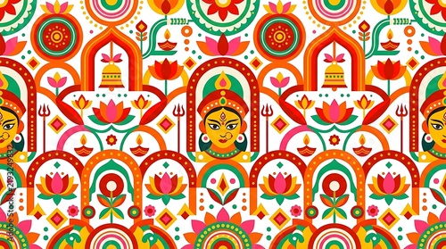 Traditional durga puja pandal design featuring intricate floral motifs and mandala patterns in vibrant colors