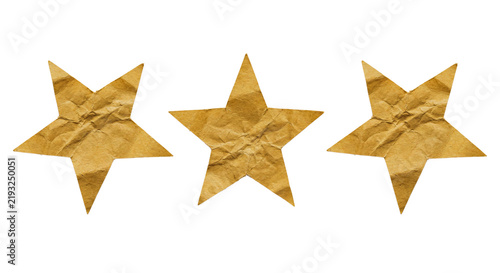 Three golden stars made from crumpled paper isolated on transparent background