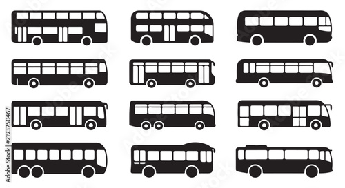 Long city bus and articulated shuttle silhouette icons for municipal transport systems.